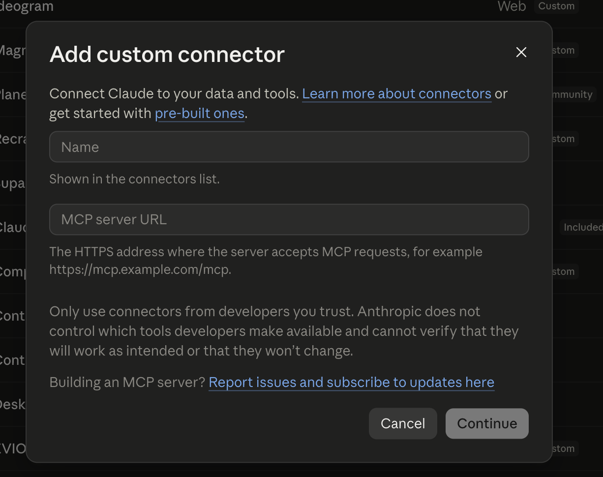 Claude's Add custom connector dialog: a name field and an MCP server URL field